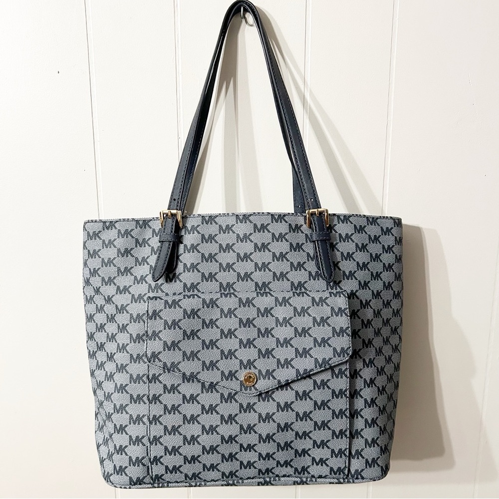 MICHAEL KORS JACQUARD JET SET ITEM FLAP POCKET Blue LARGE TOTE BAG MSRP $268